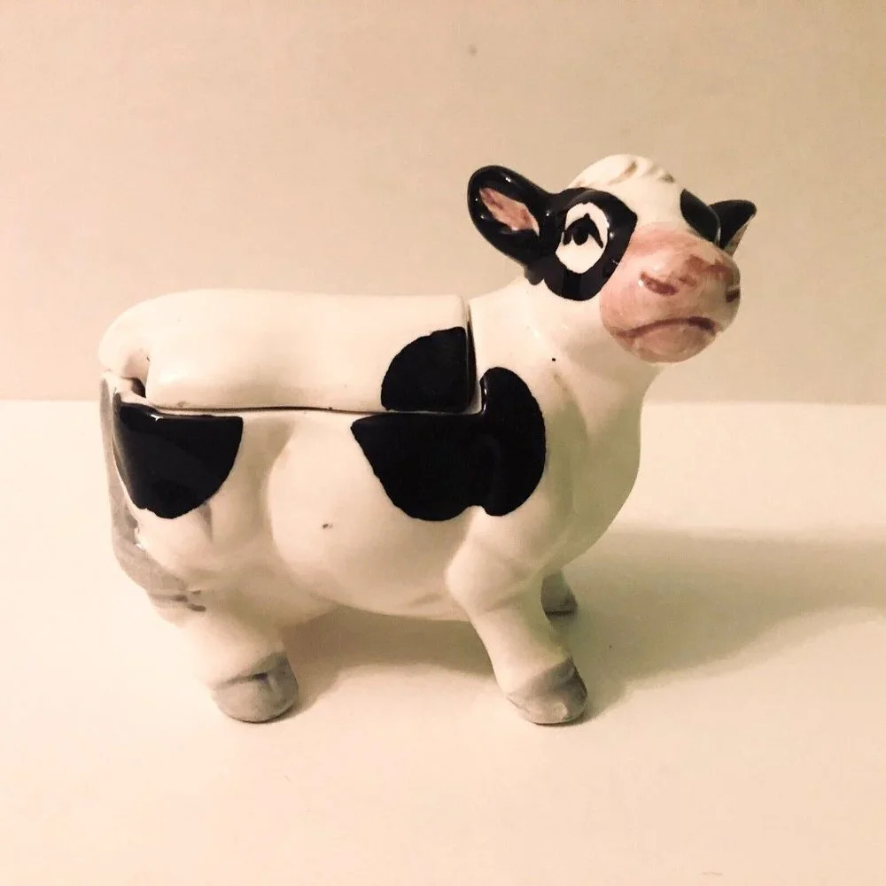 Vintage Ceramic Cow Sugar Bowl Container 4 Inch Long Figurine